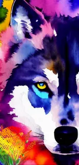 Colorful abstract wolf illustration with vibrant hues.