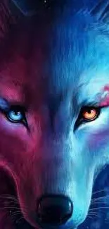 Vibrant abstract wolf wallpaper with blue and red hues for mobile screens.