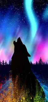 Silhouette of a wolf against colorful aurora borealis in a night sky.