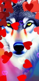 Colorful wolf surrounded by red hearts in vibrant wallpaper design.