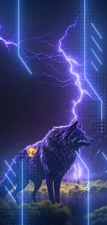 Majestic wolf under purple lightning in fantasy wallpaper.