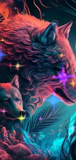 Vibrant artwork of wolves in a colorful teal forest setting.