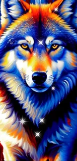 Vibrant wolf art wallpaper with striking blue and orange hues.