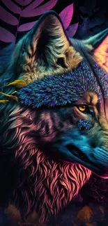 Vibrant neon art wallpaper of a wolf with colorful leaves.