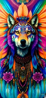 Vibrant wolf with colorful tribal art design wallpaper.