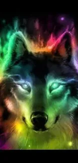 Vibrant multicolored wolf art wallpaper, glowing with mystical energy.