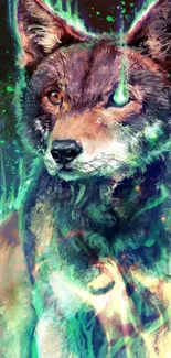 Vibrant digital wolf art wallpaper with teal and green hues.