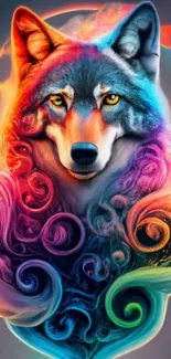 Vibrant multicolored artistic wolf wallpaper featuring psychedelic swirls.