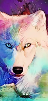 Vibrant abstract wolf in colorful hues on phone wallpaper.