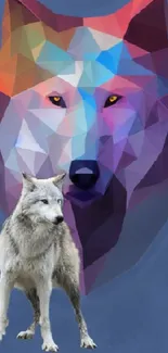 Geometric wolf art with vibrant colors on mobile wallpaper.