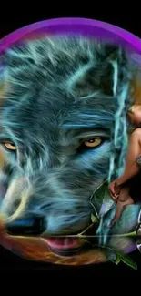 Vibrant wolf art wallpaper with mystic colors and serene figure.