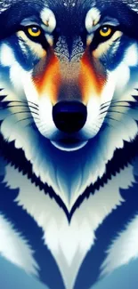 Vibrant digital wolf art with piercing eyes and bold colors for phone wallpaper.