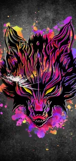 Vibrant neon wolf with colorful splashes on dark wallpaper.