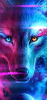 Vivid wolf illustration with blue and magenta hues in a cosmic theme.