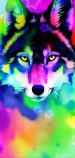 Vibrant neon-colored wolf art wallpaper with a starry effect.