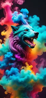 Colorful wolf with vibrant smoke effects, digital art on black background.