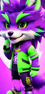 Vibrant purple and green wolf character in cartoon style.