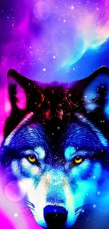 Neon wolf in cosmic galaxy art with vibrant colors.