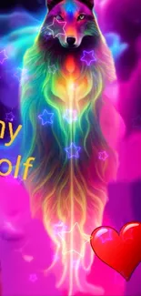 Vibrant wolf art with stars and colors on a purple cosmic background.