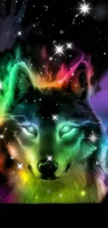 Vibrant cosmic wolf with colorful aura set against a starry black background.