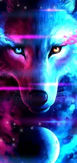 Colorful neon wolf with cosmic background.