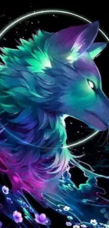 Colorful digital art of a glowing wolf with a vibrant teal theme.