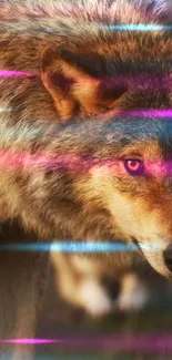 A wolf in digital art with neon light effects, colorful and vibrant.