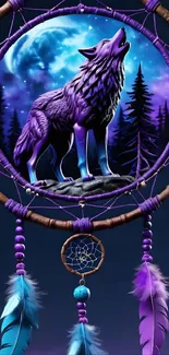 Purple wolf with dreamcatcher and moonlit forest.