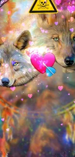 Vibrant wallpaper featuring wolves with dreamcatcher and heart elements.