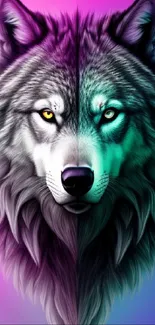 Vibrant wolf portrait with purple and cyan tones on a mobile wallpaper.