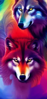 Vibrant artistic wallpaper featuring two colorful wolves.