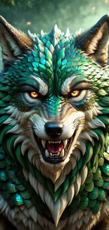 Fierce green wolf fantasy art wallpaper.