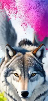 Vibrant winged wolf with colorful splashes on a snowy background.