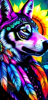 Vibrant fantasy wolf with colorful feathers and sunflower backdrop.