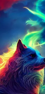 Vibrant wolf with glowing fur in a colorful fantasy scene.