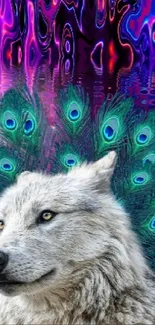 Fantasy wolf with peacock feathers and cosmic background wallpaper.