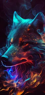 Vibrant wolf surrounded by colorful flames in mobile wallpaper art.