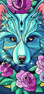 Vibrant cyan wolf with colorful floral background on phone wallpaper.