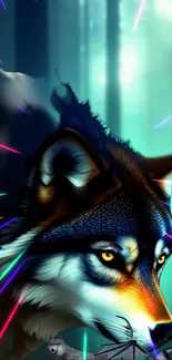 Majestic wolf in a vibrant, teal-lit forest with colorful light streaks.