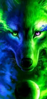 Vibrant illustration of a cosmic wolf with green and blue hues.