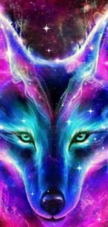 Vibrant cosmic wolf with neon colors and galaxy background.