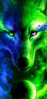 Electric green wolf in cosmic galaxy background wallpaper.