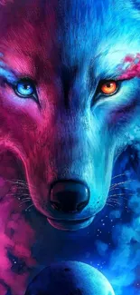 Colorful galaxy wolf with vibrant hues and contrasting eyes, perfect for wallpaper.