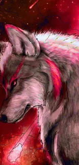 Majestic wolf with cosmic galaxy backdrop in vivid red hues.