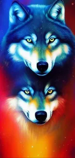 Two vibrant wolves against a cosmic galaxy backdrop in neon colors.