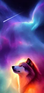 Vibrant wolf gazing into colorful galaxy on phone wallpaper.