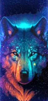 Vibrant wolf wallpaper with galaxy background.