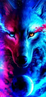 A vibrant wolf with neon colors in a cosmic galaxy setting.