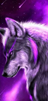 Purple wolf in vibrant galaxy with shooting stars.