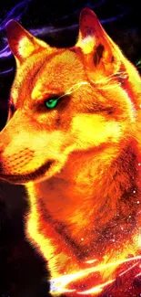 Vibrant neon wolf with electric glow and colorful background.